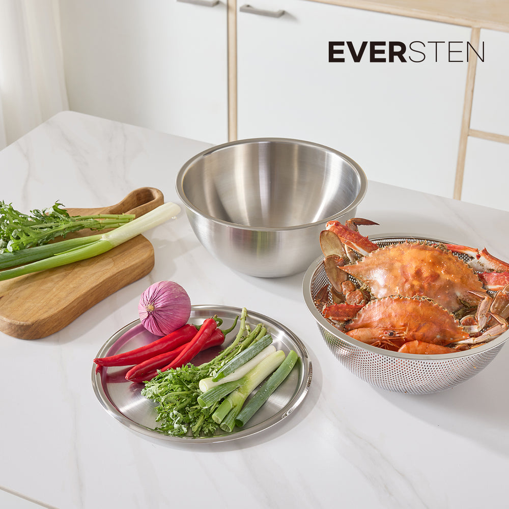 EVER STEN Mixing Bowl Full Set with Strainers (3 Stainless Bowls + 3 Strainers + 3 Lids)_ Korea Direct Delivery E