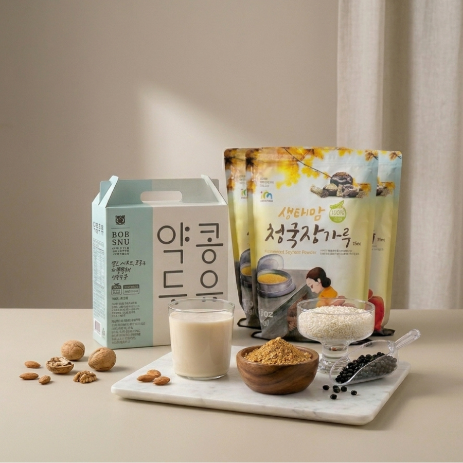 [성필립보생태마을] 생태맘 청국장 가루 1kg x 2개ㅣ*증정* [밥스누] 쌀눈두유 1박스_ 무료배송 (묶음)