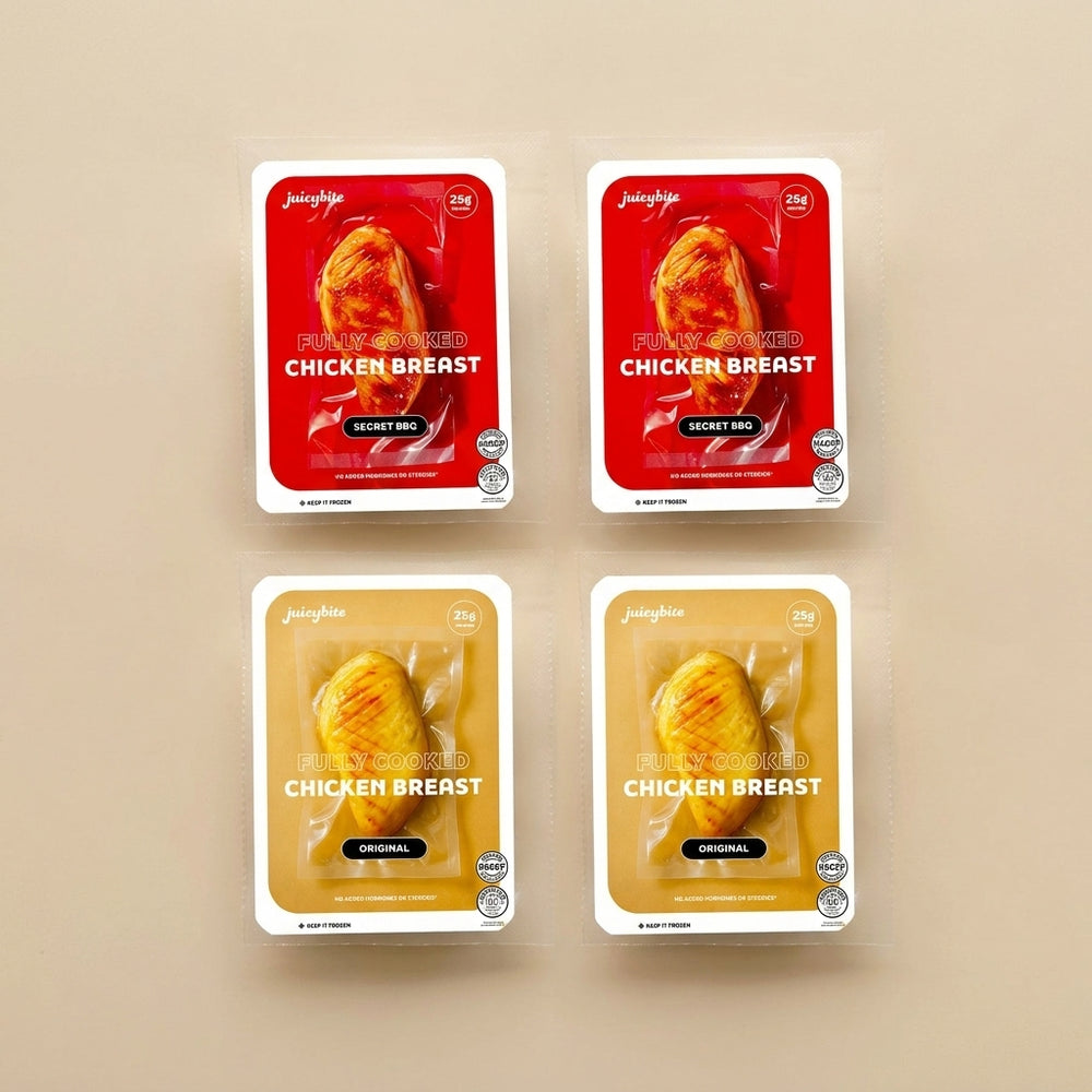 [Juicybite] 한국식 닭가슴살 오리지널 (Original) 4oz x 2팩 + 닭가슴살 바베큐맛 (Secret BBQ) 4oz x 2팩 (묶음)_타임딜