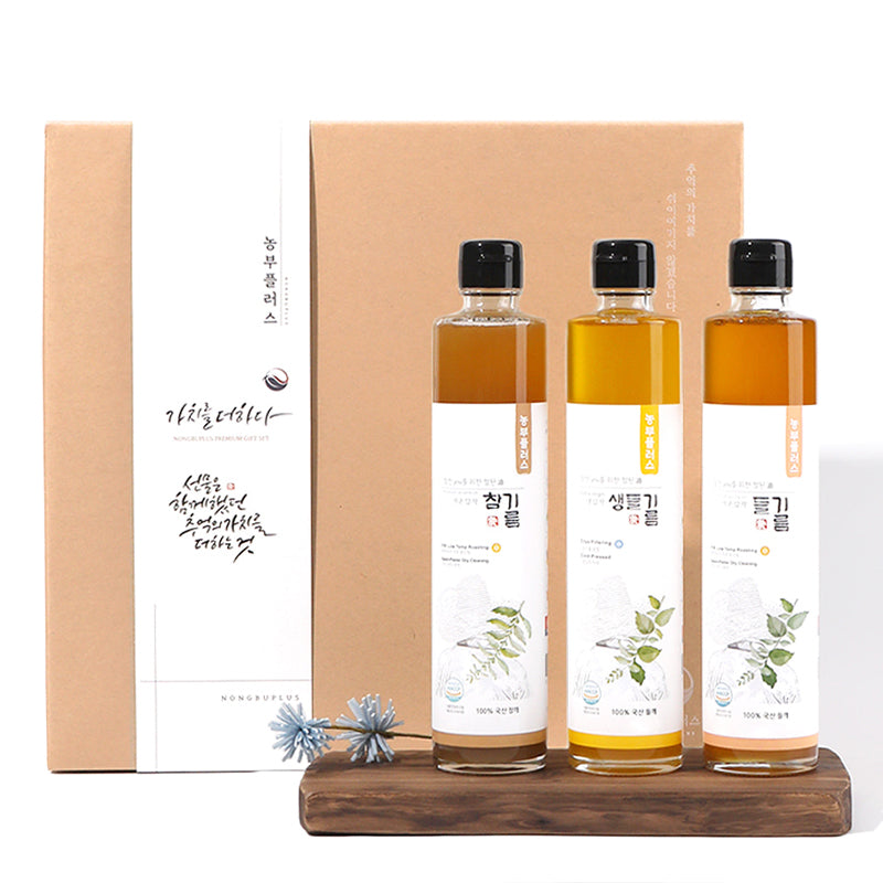 [농부플러스] 냉압착 생들기름 저온압착 참기름 들기름 선물세트 (200ml x 3병)